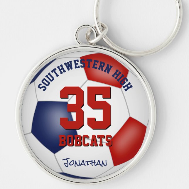 red white blue team colours boys girls name soccer key ring (Front)