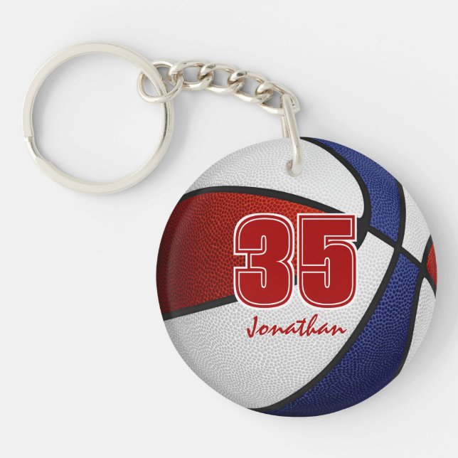 red white blue team colours girls boys basketball key ring (Front)