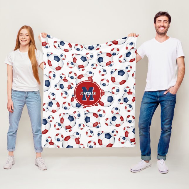 red white blue team colours soccer balls pattern fleece blanket (In Situ)