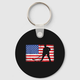 Red White Blue Usa Flag Ice Hockey Player 4th Of Key Ring