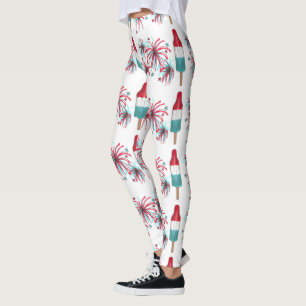 Red White Blue USA Patriotic Rocket Pop Fireworks Leggings