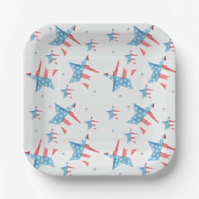 Red White & Blue watercolor Stars PATTERN Square Paper Plate (Front)