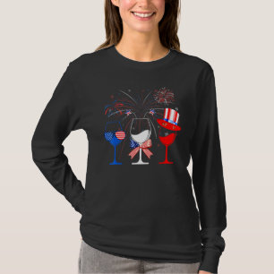 Red White Blue Wine Hat Glasses American Flag 4th T-Shirt