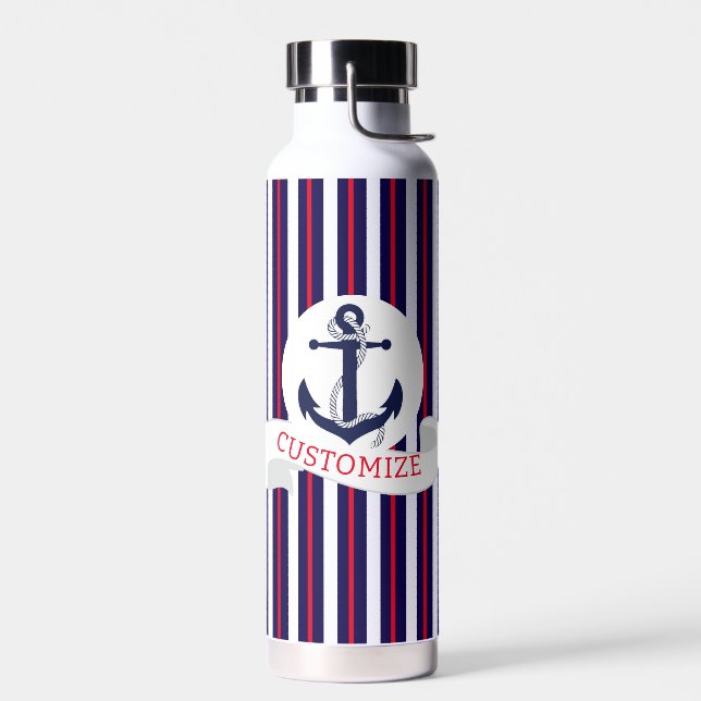 Red, White & Blue With Anchor Custom Water Bottle  (Left)