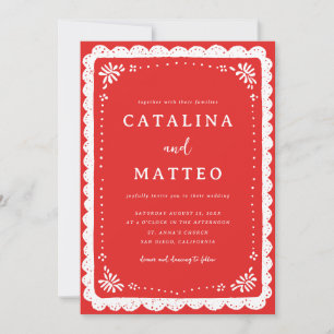 Red & White Boho Mexican Papel Picado Wedding Invitation