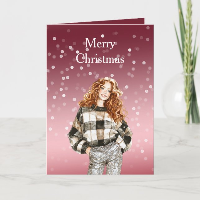 Red White Bokeh Dots Christmas Girl Card (Front)