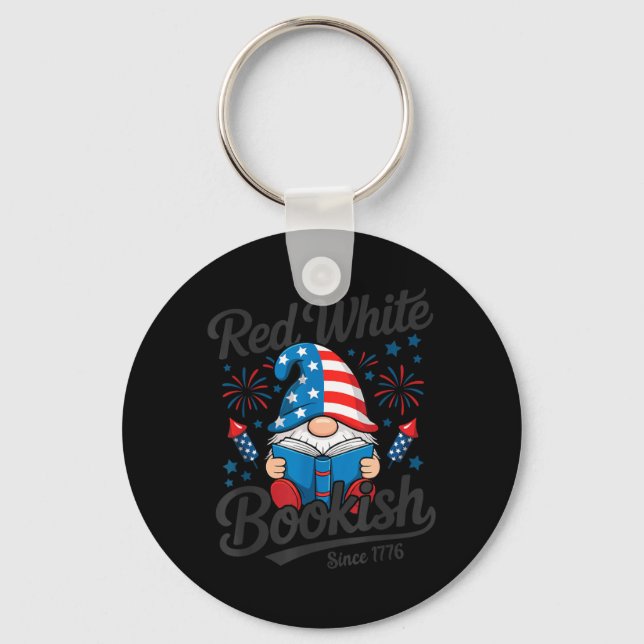 Red White Bookish Since 1776 Gnome Reader Key Ring (Front)