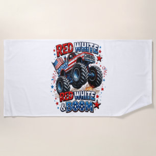 Red White Boom Monster Truck Beach Towel