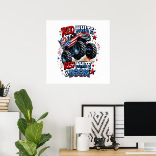 Red White Boom Monster Truck Poster