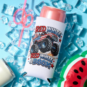Red White Boom Monster Truck Seltzer Can Cooler