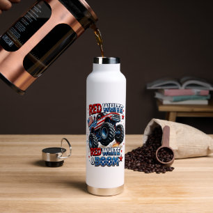 Red White Boom Monster Truck Water Bottle