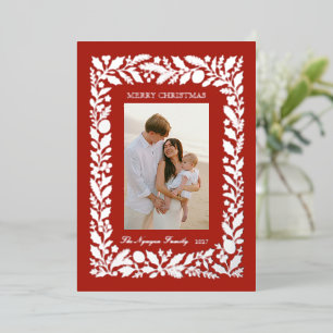 Red White Botanical Family Photo Christmas Foil Holiday Card