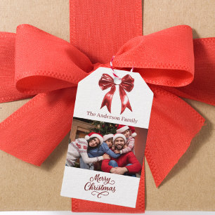 Red white bow photo script Christmas Gift Tags