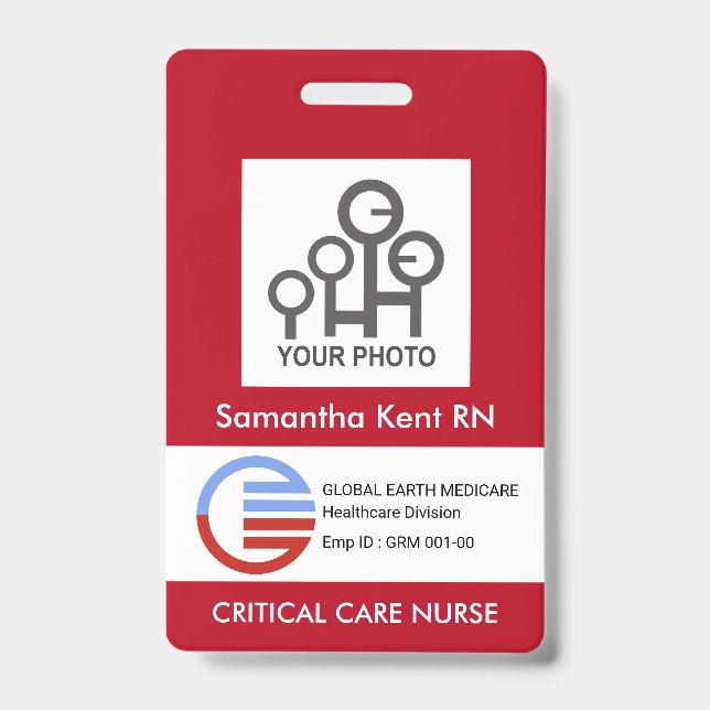 Red White Box Photo Template Staff Nurse ID Badge (Front)