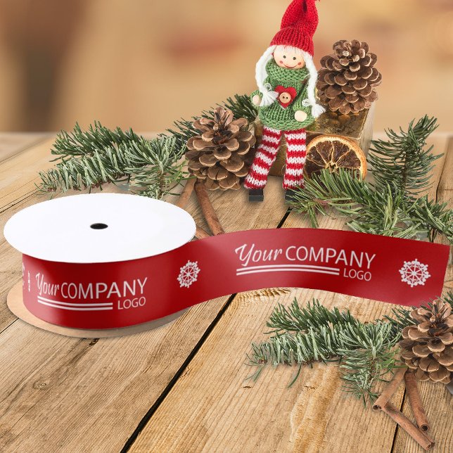 Red White Branded Company Logo Snowflake Christmas Satin Ribbon (red ribbon with white business logo, red company holiday christmas gift ribbon)