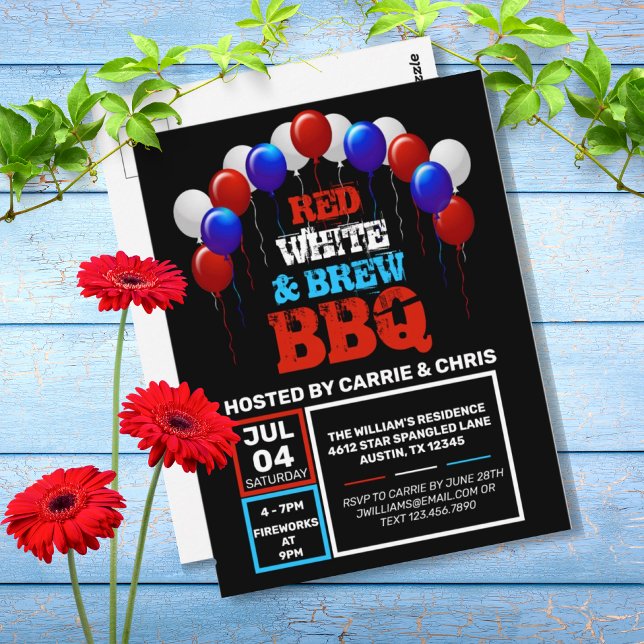 Red White & Brew BBQ 4th of July Party Invitation Postcard (RED, WHITE & BREW BBQ 4TH OF JULY PARTY INVITATION)