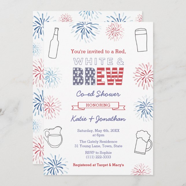 Red White & Brew Couples Wedding Shower Party Invitation (Front/Back)