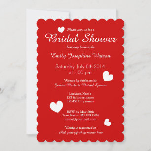 Red & white bridal shower invitations with hearts