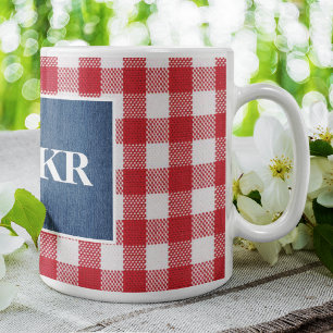 Red & White Buffalo Check Blue Denim Monogram 11oz Coffee Mug