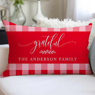 Red & White Buffalo Check Grateful Personalised Lumbar Cushion