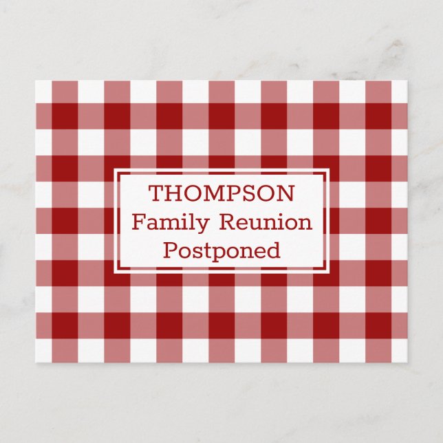 Red White Buffalo Check Postponed Family Reunion Announcement Postcard (Front)