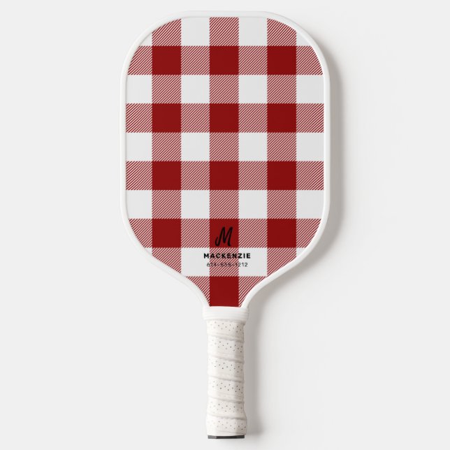 Red White Buffalo Plaid Monogrammed  Pickleball Paddle (Front)