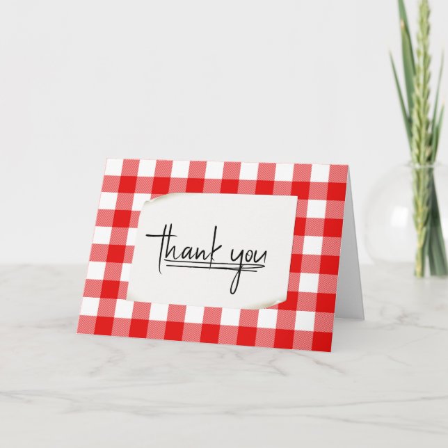 Red White Buffalo Plaid Thank You  Card (Front)