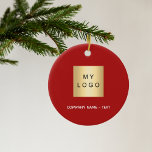 Red white business company logo ceramic ornament<br><div class="desc">A classic red background.  Personalise and add your business,  company logo and a text.  If you want the it without text,  use your back-space key to delete.</div>