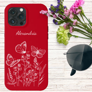 Red & White Butterflies in Wildflowers Monogram  iPhone 13 Pro Max Case
