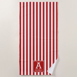 Red & White Cabana Stripes Monogrammed Initial Beach Towel