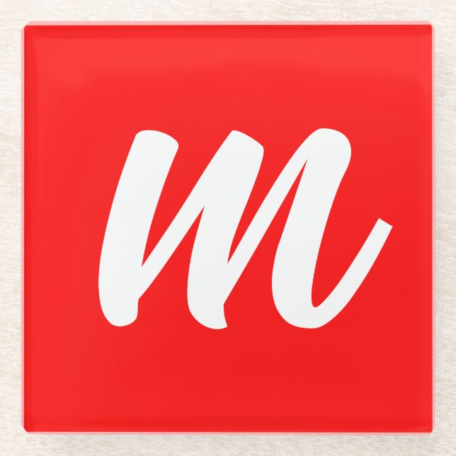 Red White Calligraphy Monogram Initial Letter Glass Coaster (Front)