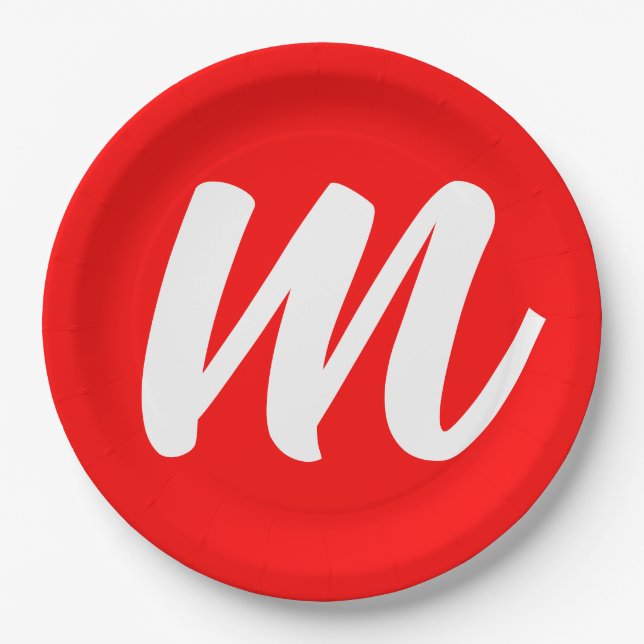 Red White Calligraphy Monogram Initial Letter Paper Plate (Front)