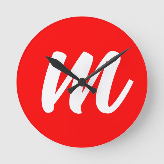 Red White Calligraphy Monogram Initial Letter Round Clock (Front)