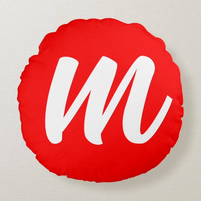 Red White Calligraphy Monogram Initial Letter Round Cushion (Front)