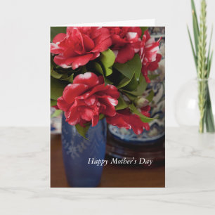 Red & White Camelias Blue vase Mother's Day card