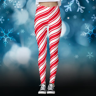 Red White Candy Cane Diagonal Stripe Christmas Leggings
