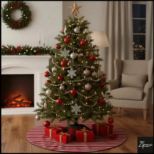 Red White Candy Cane Diagonal Stripes Bow Brushed Polyester Tree Skirt (Creator Uploaded)