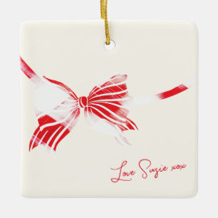 Red White Candy Cane Holiday Bow Photo Ceramic Ornament