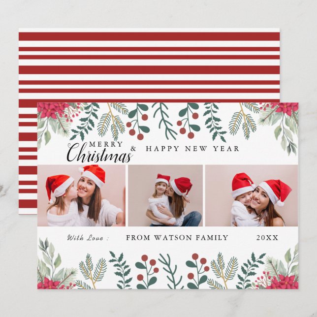 Red & White Candy Cane Holiday Photo Collage Card (Front/Back)