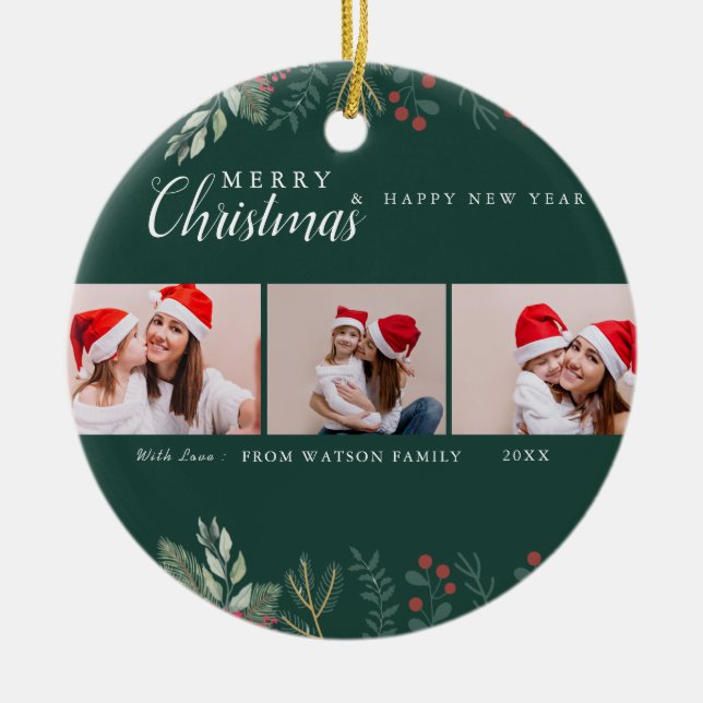 Red & White Candy Cane Holiday Photo Collage Ceram Ceramic Ornament (Front)