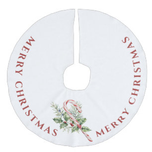 Red & White Candy Cane , Merry Christmas  Faux Linen Tree Skirt