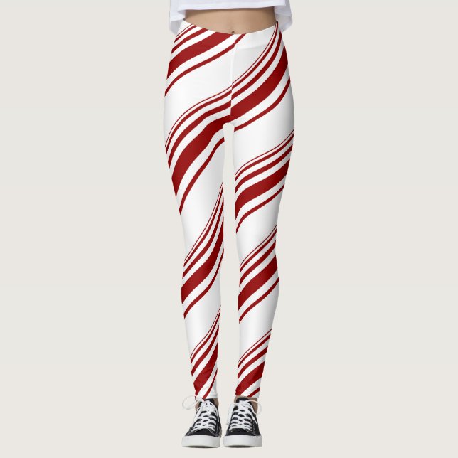 Red White Candy Cane Stripe Leggings (Front)