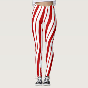 Red White Diagonal Candy Cane Stripes Holiday Leggings