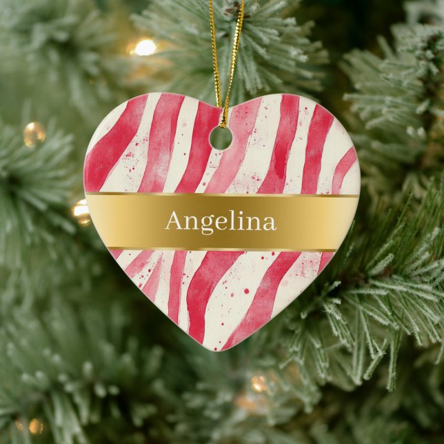Red White Candy Cane Stripes Gold Ribbon Christmas Ceramic Ornament (Tree)
