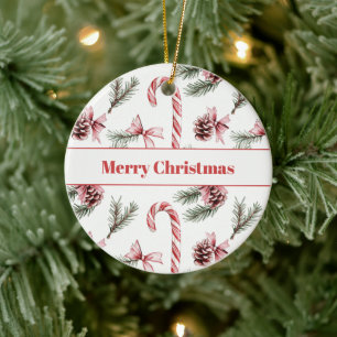 Red White Candy Canes Pine Cones Christmas Ceramic Ornament