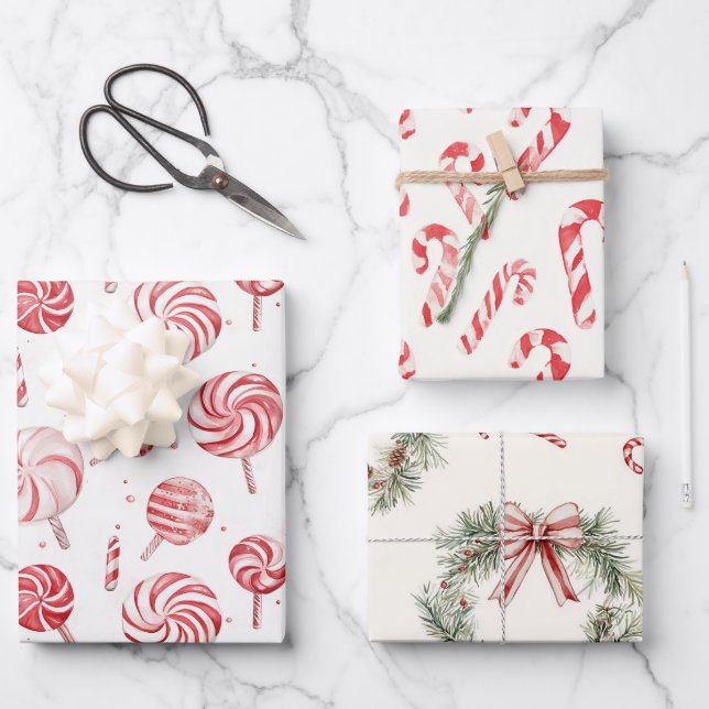 Red White Cane Stripes Christmas Wreaths Wrapping Paper Sheet (Front)