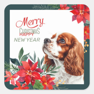 Red White Cavalier King Charles Spaniel Poinsettia Square Sticker