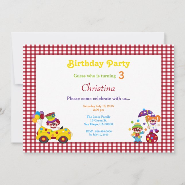 Red & White Check Clown Birthday Invitation (Front)