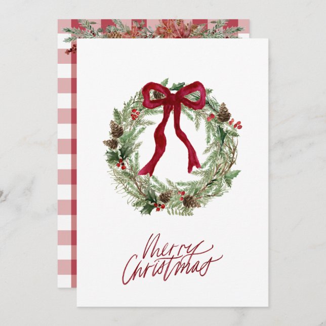 Red White Check Plaid Christmas Wreath Bow Photo Holiday Card (Front/Back)