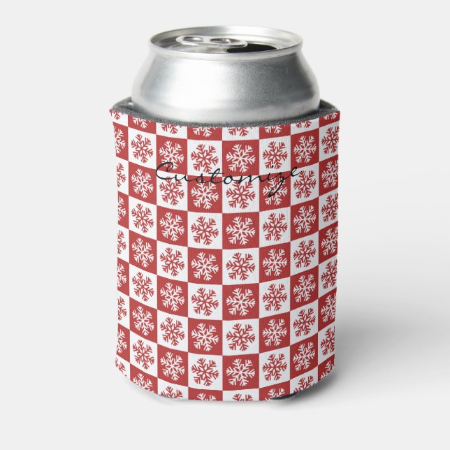 Red/white check snowflake pattern Thunder_Cove Can Cooler (Can Back)